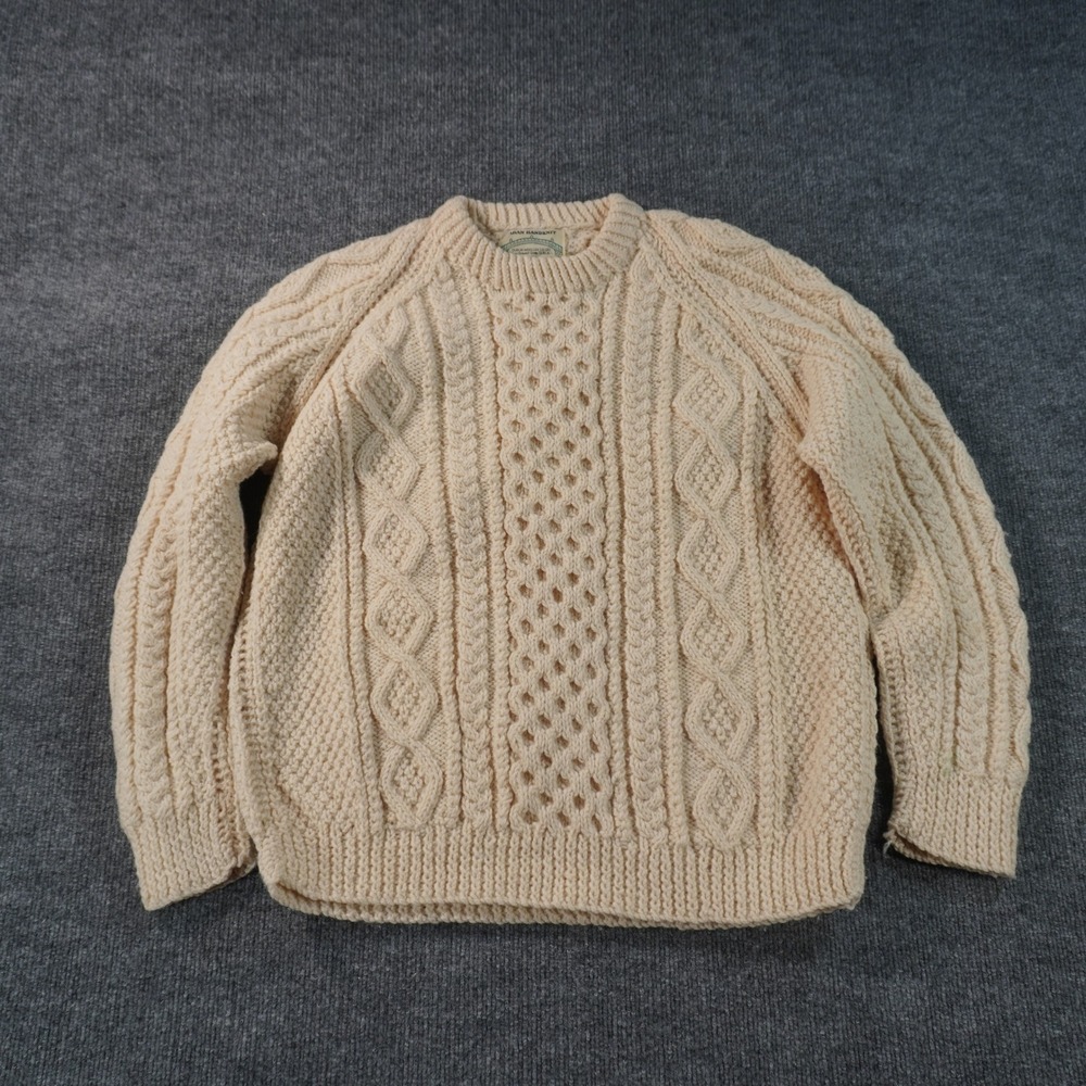 Dublin Woollen Co Aran Handknit Sweater Womens L Cream Pure New Wool Irish Cable